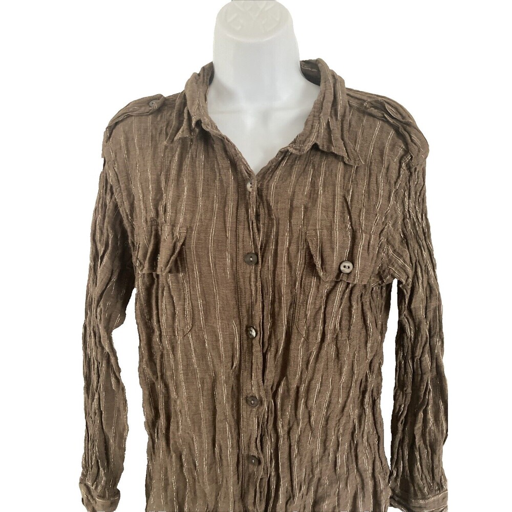 Chico’s Brown Metallic Crinkle Shirt Button Down Size 2 (L) Long Sleeve Tunic - Picture 4 of 8